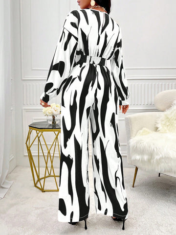 Patterned V-neck Jumpsuit With Dropped Shoulder Sleeves