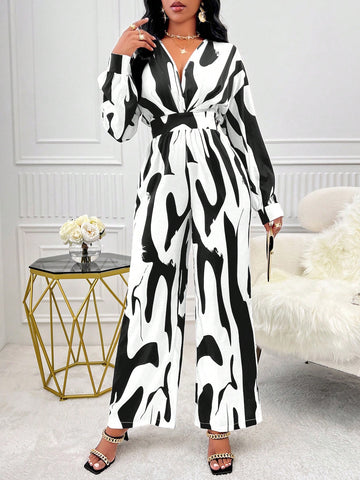 Patterned V-neck Jumpsuit With Dropped Shoulder Sleeves