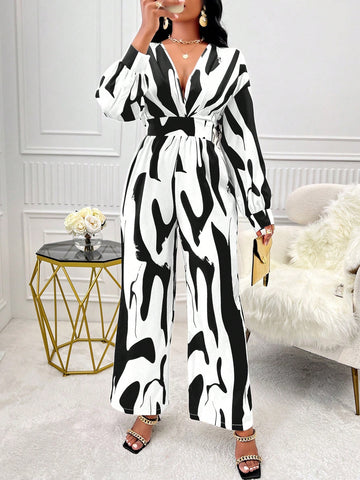 Patterned V-neck Jumpsuit With Dropped Shoulder Sleeves