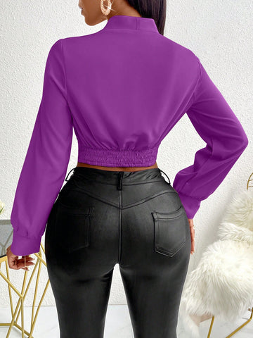 Slayr Plunging Neck Lantern Sleeve Wrap Solid Color Simple Fashionable