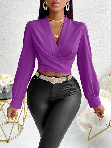 Slayr Plunging Neck Lantern Sleeve Wrap Solid Color Simple Fashionable