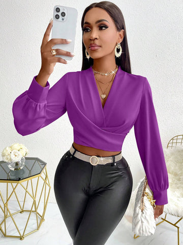 Slayr Plunging Neck Lantern Sleeve Wrap Solid Color Simple Fashionable