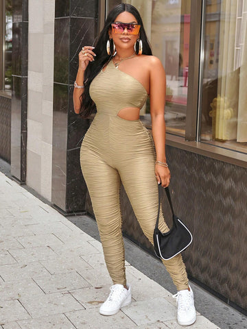 Press Crease Tube One Shoulder Side Ruched Cut Out Waist Jumpsuit