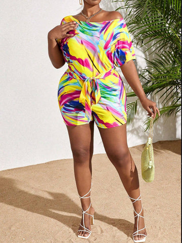 Printed Asymmetrical Neckline Belted Playsuit, Spring Summer