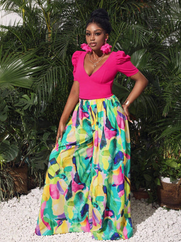 Printed Wide-Leg Pants & Solid Leg Of Muttons Sleeve Top Two Piece Set