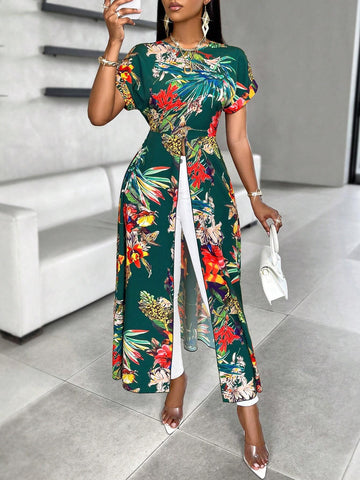 Slayr Random Floral Print Split Hem Long Blouse