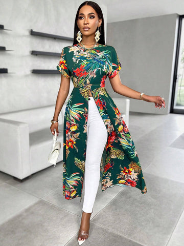 Slayr Random Floral Print Split Hem Long Blouse
