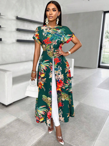 Slayr Random Floral Print Split Hem Long Blouse