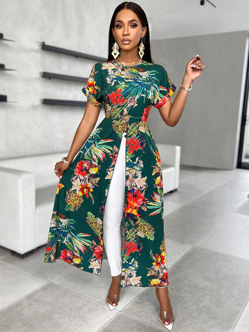 Slayr Random Floral Print Split Hem Long Blouse