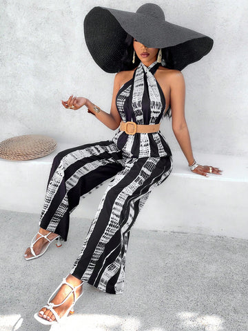 Random Pattern Criss-Cross Halter Neck Backless Wide Leg Jumpsuit (Without Belt)