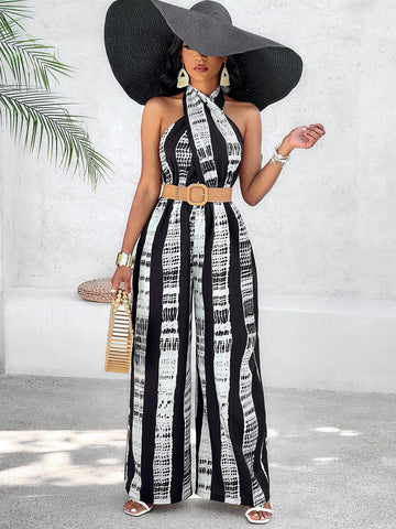 Random Pattern Criss-Cross Halter Neck Backless Wide Leg Jumpsuit (Without Belt)
