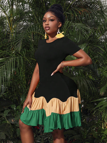 Resort Style Colorblock Collage Dress With Ruffle Hem