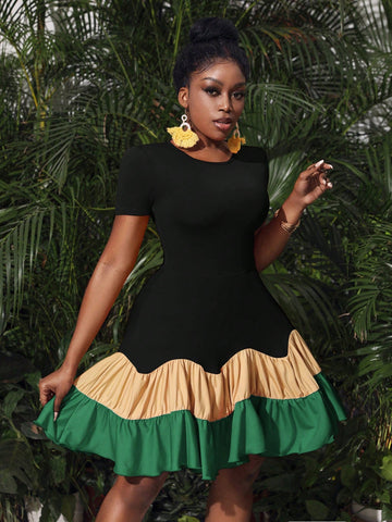 Resort Style Colorblock Collage Dress With Ruffle Hem