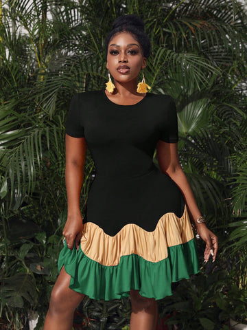 Resort Style Colorblock Collage Dress With Ruffle Hem