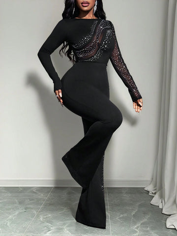 Rhinestone Decor Elegant Fitted Women's Jumpsuit, Suitable For Holidays, New Year, Valentine's Day