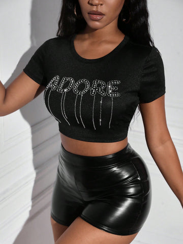 Rhinestone Letter Pattern Crop Tee
