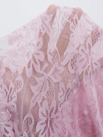 Romantic Lace Ruffle Deep V Slim Fit Lace Bodysuit - Pink, For Valentine's Day