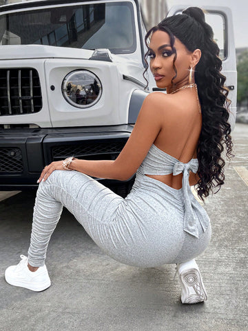 Ruched Bustier Tube Unitard Cut Out Tie Back Jumpsuit