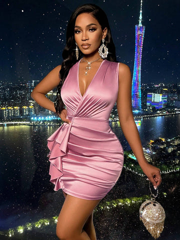 Ruffled Satin Irregular Hem Dress Party Dress