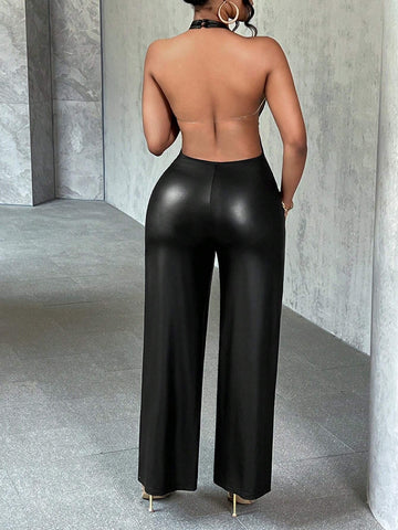 Sexy Black PU Deep V-Neck Open Back Gold Metal Button Fitted Jumpsuit