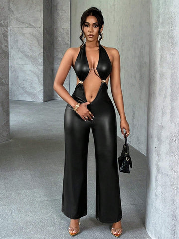 Sexy Black PU Deep V-Neck Open Back Gold Metal Button Fitted Jumpsuit