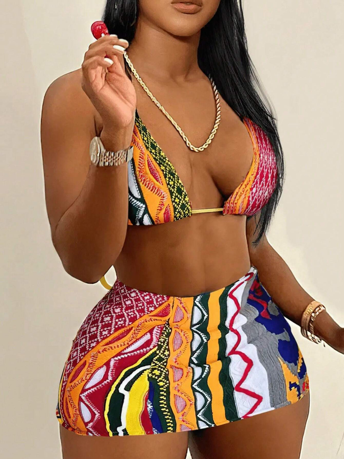 Sexy Cute Beach Vacation Summer Bikini & Print Mini Skirt 2-Piece Set For Women