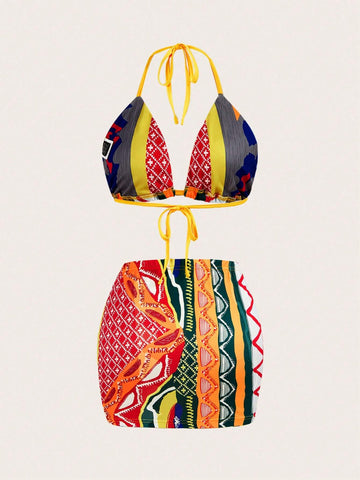 Sexy Cute Beach Vacation Summer Bikini & Print Mini Skirt 2-Piece Set For Women