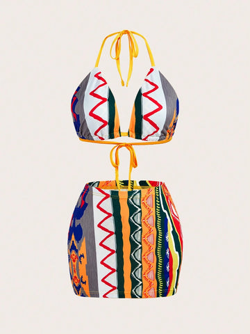 Sexy Cute Beach Vacation Summer Bikini & Print Mini Skirt 2-Piece Set For Women