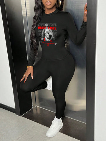 Sexy Knitted Women's Black Long Sleeve Top And Pants Set With Letter And Dollar-Print