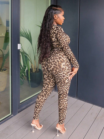 Sexy Leopard Print Mesh Long Sleeve Bodysuit And Leggings Set E
