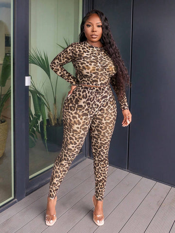 Sexy Leopard Print Mesh Long Sleeve Bodysuit And Leggings Set E