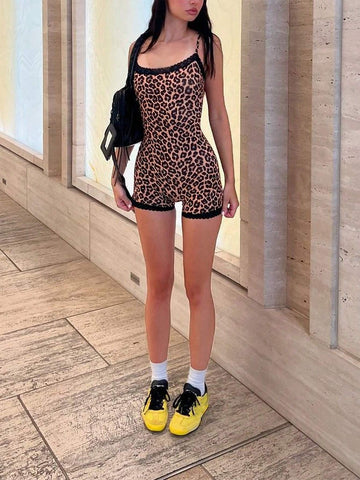Sexy Leopard Print Splice Black Lace Trim Stretchy Knit Fabric Women Bodycon Romper