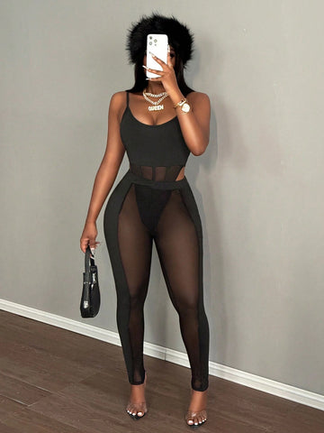 Sexy Sheer V-Neck Padded Jumpsuit With Mesh Insert Pants - DD