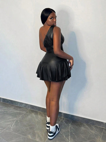 Sexy Street Asymmetric Shoulder Ruched A-Line Mini Black Stockings PU Bodysuit For Women, Autumn/Winter
