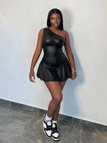 Sexy Street Asymmetric Shoulder Ruched A-Line Mini Black Stockings PU Bodysuit For Women, Autumn/Winter