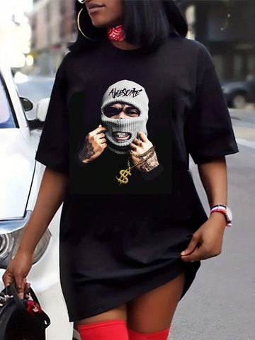 Mask Head Portrait Printed Casual Round Neck Short Sleeve T-Shirt Dress, Casual Style, Summer