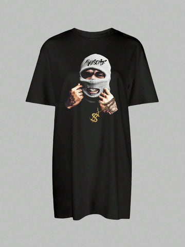 Mask Head Portrait Printed Casual Round Neck Short Sleeve T-Shirt Dress, Casual Style, Summer