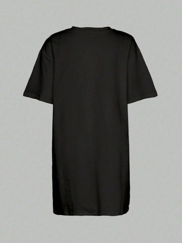 Mask Head Portrait Printed Casual Round Neck Short Sleeve T-Shirt Dress, Casual Style, Summer