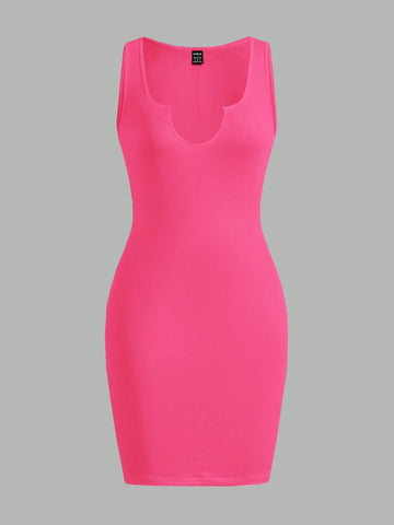 Simple And Casual Solid Fuchsia Women's Sleeveless Bodycon Dress For Summer