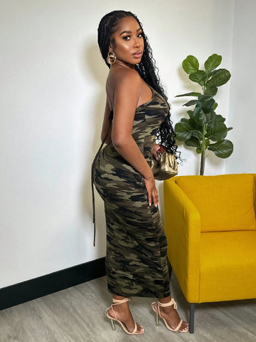 Simple Basic Camouflage Casual Summer Back Strap Suspender Dress