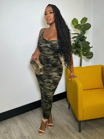Simple Basic Camouflage Casual Summer Back Strap Suspender Dress