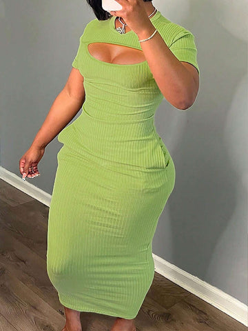 Simple Basic Sexy Round Neck Short Sleeve Hollow Out Front Pocket Long Knit Bodycon Dress