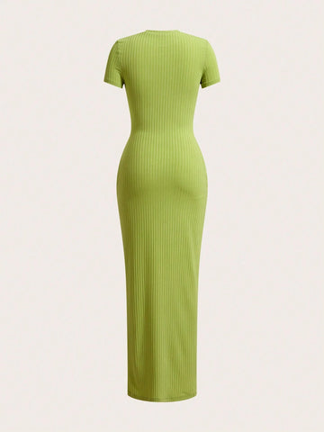 Simple Basic Sexy Round Neck Short Sleeve Hollow Out Front Pocket Long Knit Bodycon Dress