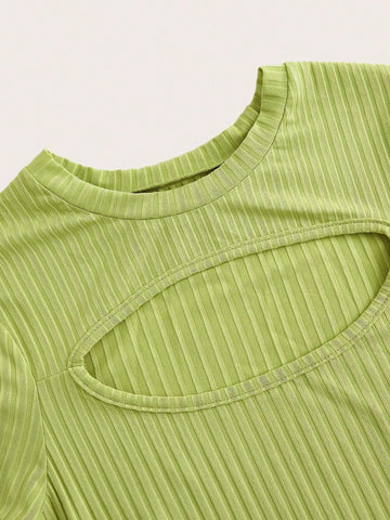 Simple Basic Sexy Round Neck Short Sleeve Hollow Out Front Pocket Long Knit Bodycon Dress