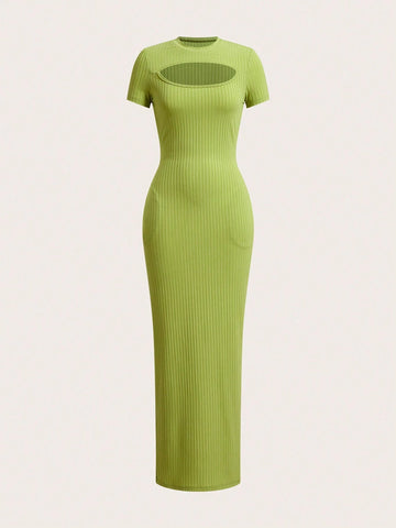 Simple Basic Sexy Round Neck Short Sleeve Hollow Out Front Pocket Long Knit Bodycon Dress