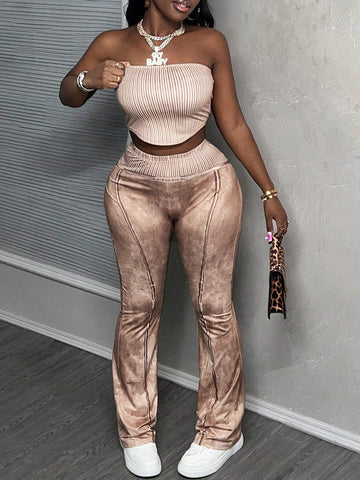 Simple Casual Basic Sports Summer Strapless Top Flare Pants Knit Ribbed Distressed Fabric Women's 2pcs Set
