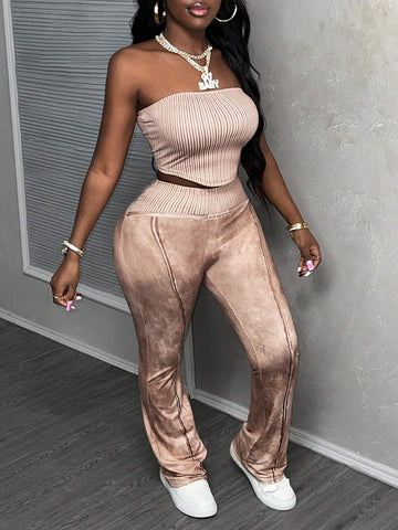 Simple Casual Basic Sports Summer Strapless Top Flare Pants Knit Ribbed Distressed Fabric Women's 2pcs Set