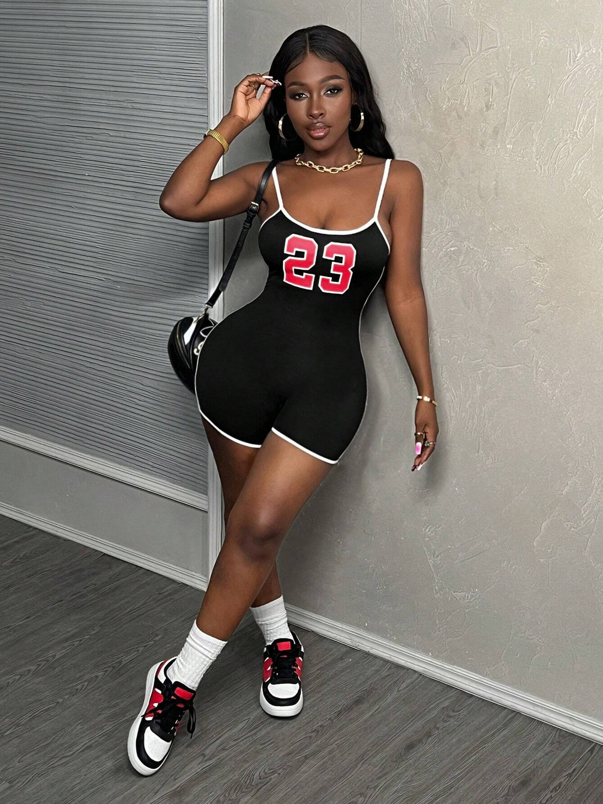 Summer Elegant Halterneck Deep V-Neck Slim Fit English Letter Striped Trousers Women's Tight Jumpsuit Unitard-M