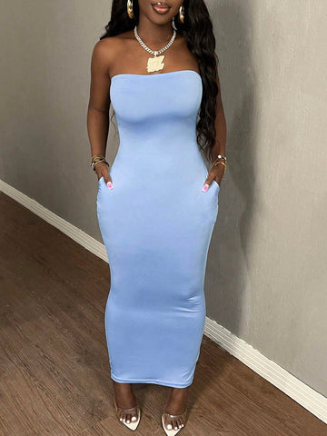 Simple Casual Basic Summer Strapless Dress With Pockets, Long, Slim Fit For Women