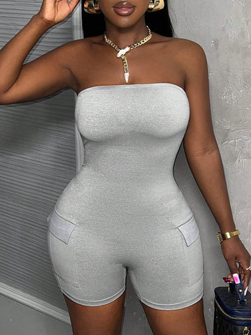 Simple Casual Knitted Jumpsuit With Short Overalls And Strapless Top For Women, Summer